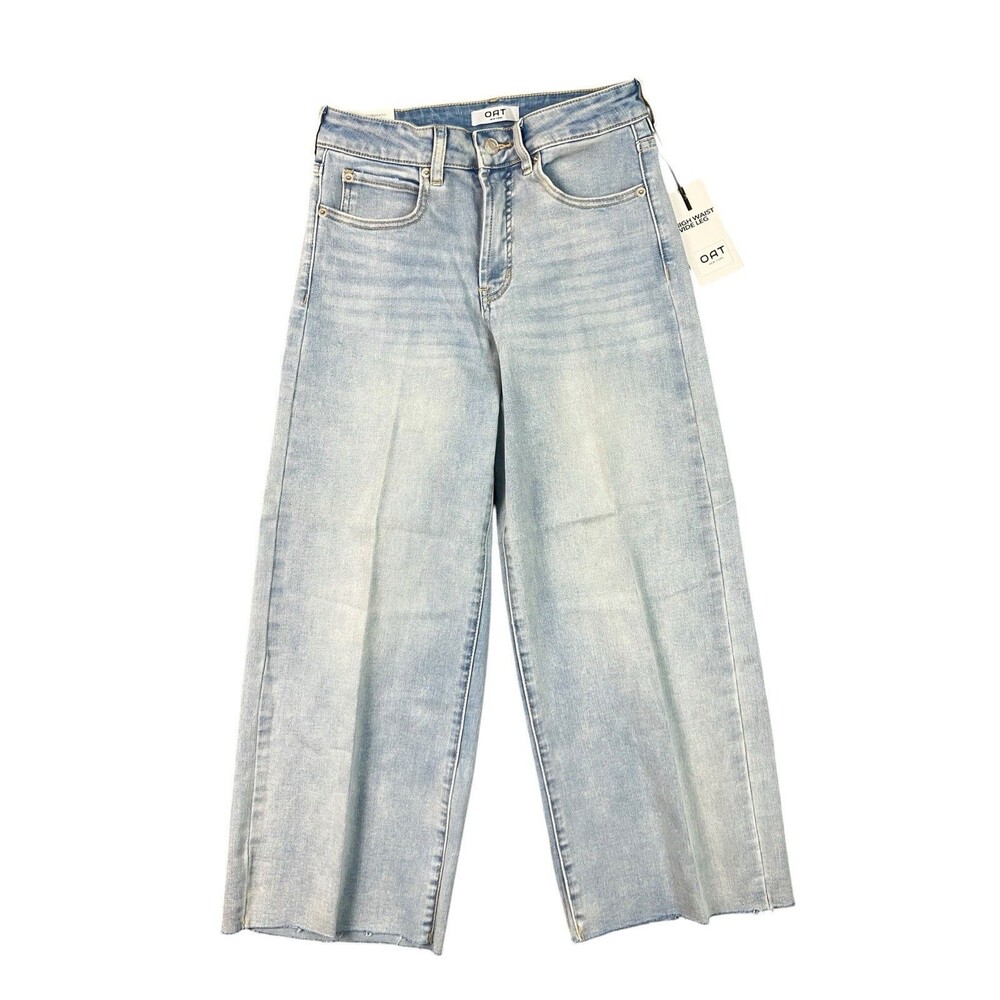 OAT New York Cropped Jeans Womens 27 High Waist Wide Leg Light Wash Raw Hem